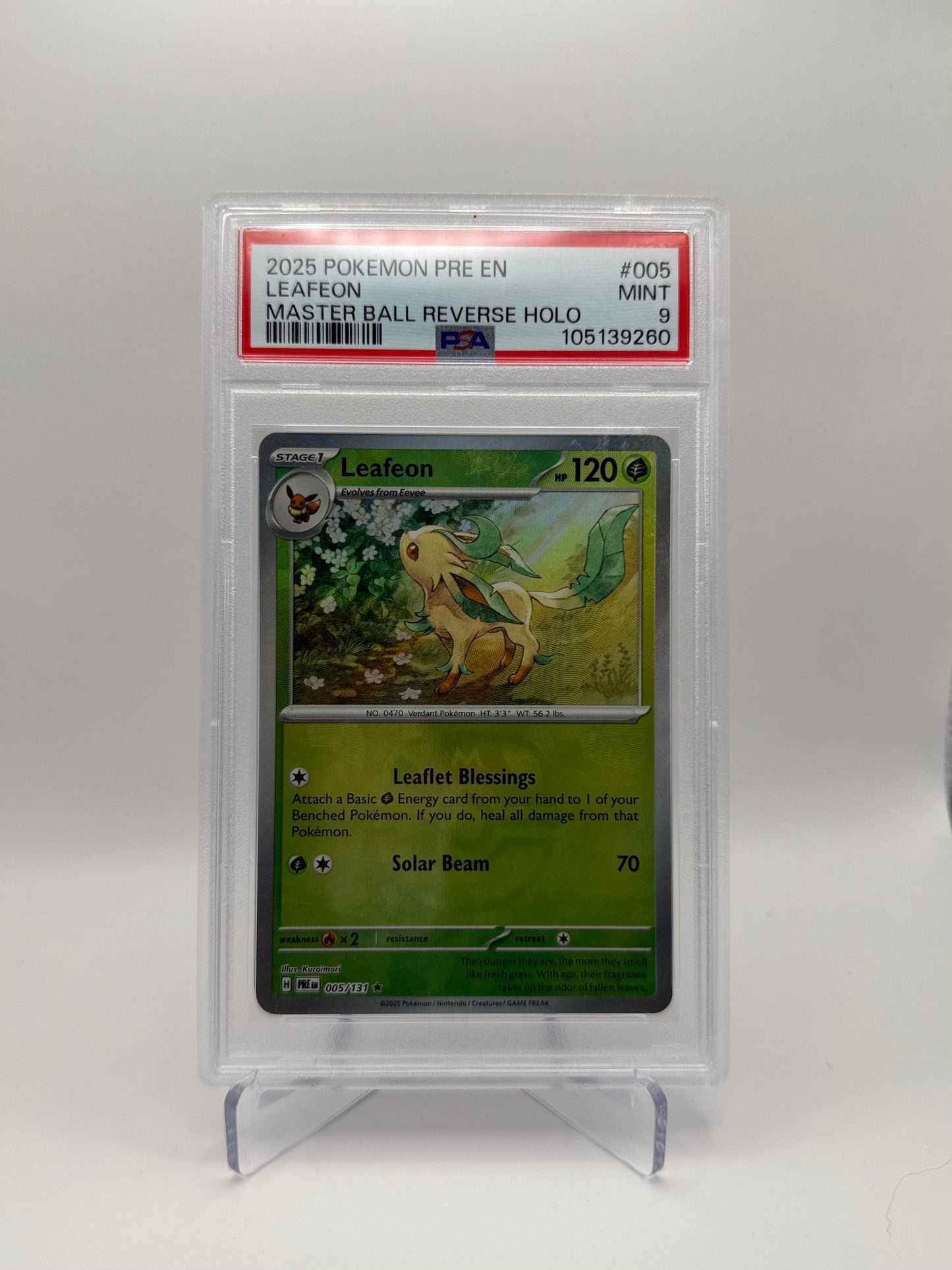 Leafeon #005 Prismatic Evolution Masterball Reverse Holo PSA 9 Mint